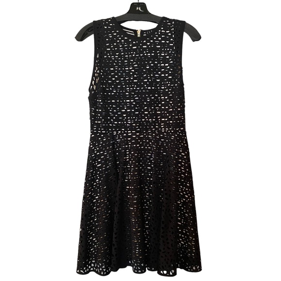 Clarte Cocktail Dress Black Laser Cut Mesh Striped Neiman Marcus Size M - Picture 11 of 12